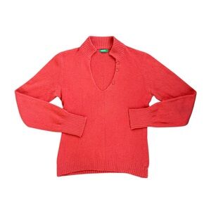 United Colors Of Benetton Red V-Neck Angora & Wool Blend Long Sleeve Sweater  L